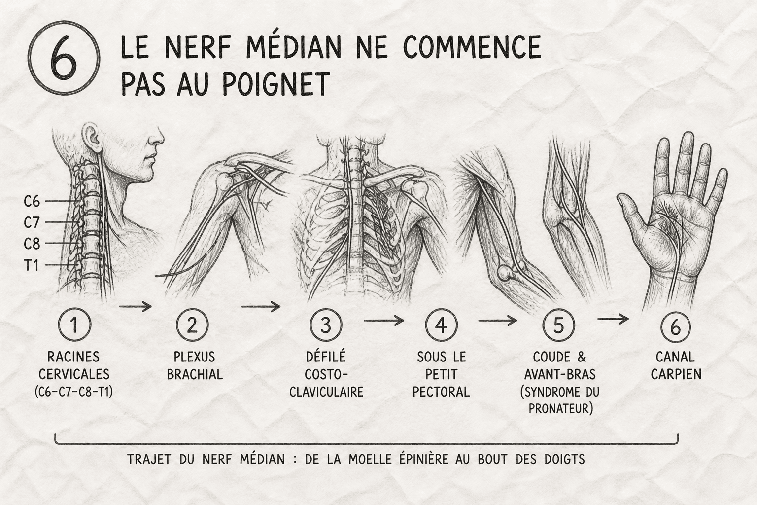 Trajet du nerf médian : de la moelle épinière au bout des doigts — racines cervicales, plexus brachial, défilé costo-claviculaire, petit pectoral, coude, canal carpien