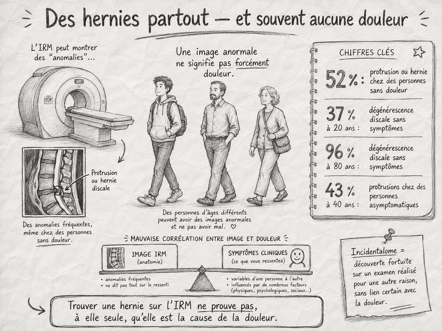 Illustration montrant que des hernies peuvent exister sans douleur